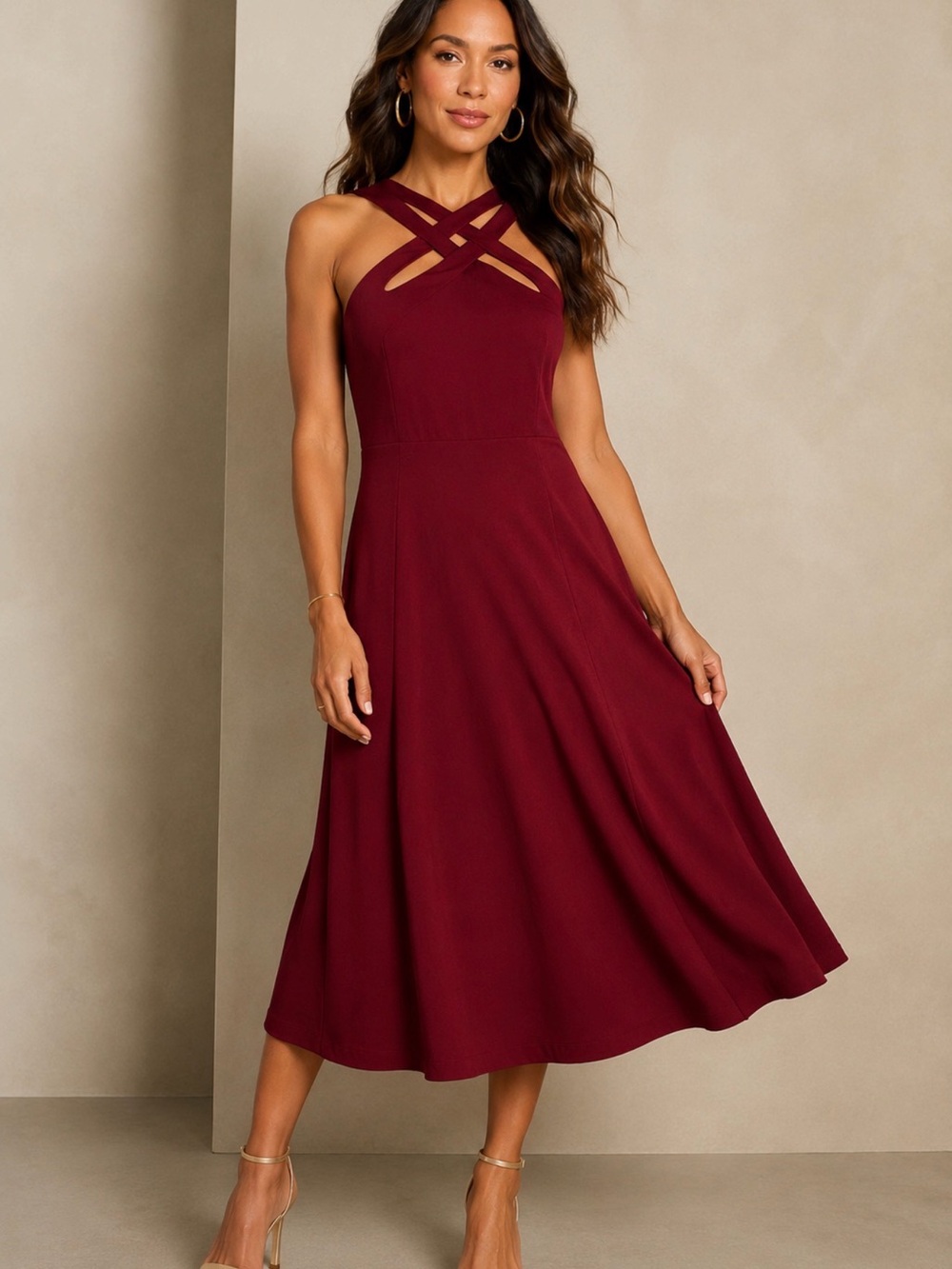 J. Peterman Red Silk Strappy Halter Sleeveless Midi Formal A-Line Dress Size 10